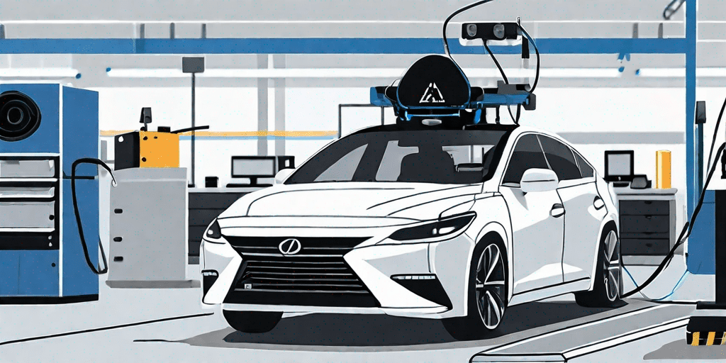 An adas (advanced driver assistance systems) camera being calibrated in a vehicle workshop setting in tomball