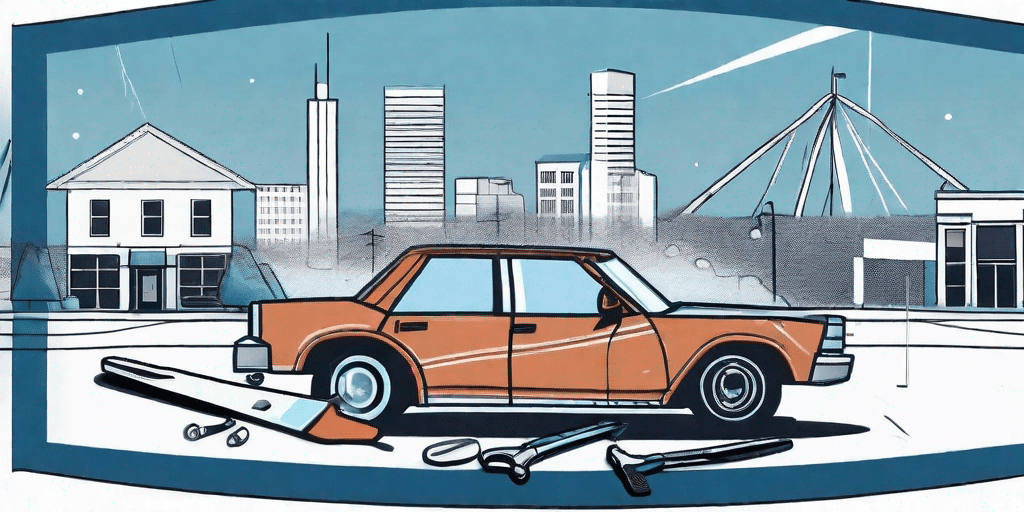 A broken car windshield with repair tools nearby